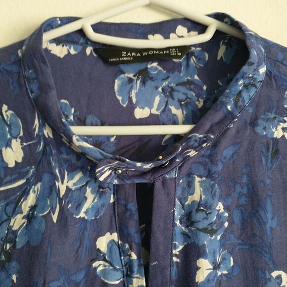Zara Top Blouse Tunic Woman L/M*Blue Floral Silk Blend Long Sleeve Keyhole - Picture 4 of 11